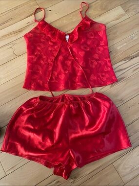 Secret Treasures Red Satin Heart-Pattern Cami & Shorts Set